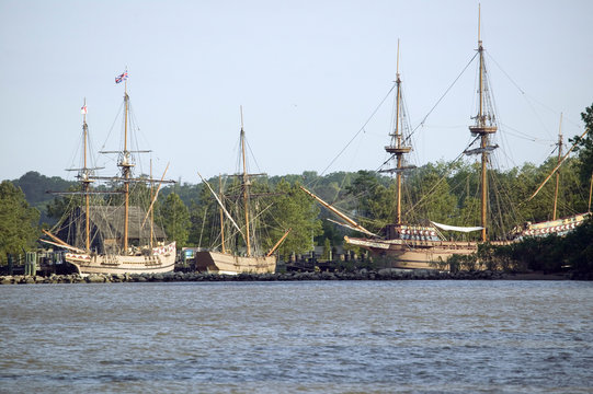 Replicas of The Susan Constant, Godspeed and Discovery ships that brought English colonists to Jamestown, Virginia in 1607
