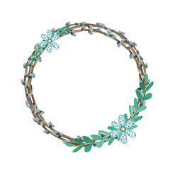 Watercolor pussy-willow branches wreath isolated on white background. Easter wreath with flowers. Spring round frame with place for recording.