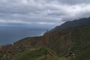 Fototapeta na wymiar Panoramic landscape in Anaga mountains and ocean coastline from Mirador Risco Magoje viewpoint, Tenerife Canary Islands, Spain