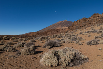 Martian landscape on the eastern slopes of Montana Blanca Mirador las Minas de San Jose with Teide mount at background. Teide National park, Tenerife, Canary islands, Spain