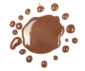 Spilled chocolate milk puddle isolated on white background, top view
