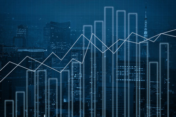 Double exposure business investment and  trading graph  on city background