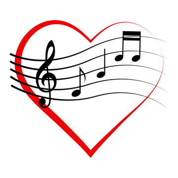 Logo icon heart with notes and treble clef, vector sign love for music, melomaniac symbol