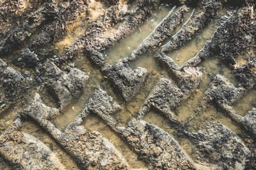 Wheel track on wet dirt close up