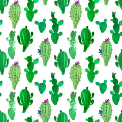 Watercolor illustration of green ink desert cactus pattern with flowers
