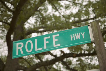 Rolfe Highway road sign, named for John Rolfe of Jamestown and husband to Pocahontas, Scotland, Virginia on James River