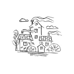 Illustration of houses in a small town.