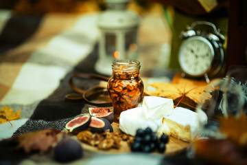 Detail of figs, grapes,cheese, walnuts