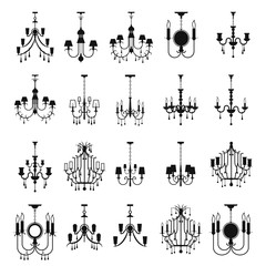 Fototapeta na wymiar Set of vector chandeliers. Interior furniture icons. Ceiling lamp icon set. Silhouette ceiling lamps light for home appliance indoor furniture.