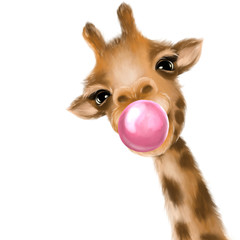 Funny giraffe blowing bubble. Hand drawn giraffe illustration - obrazy, fototapety, plakaty