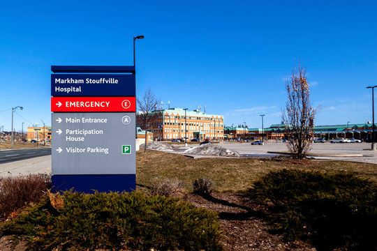 Markham, Ontario, Canada- March 21, 2020: Markham Stouffville Hospital In Markham, Ontario, Canada.  