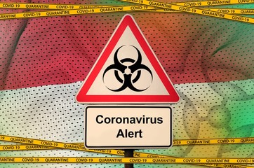 Monaco flag and Covid-19 biohazard symbol with quarantine orange tape. Coronavirus or 2019-nCov...