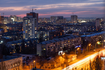 Aerial shot of colorful residential buildings during sunset. Real estate and housing in Kyiv, Ukraine. comfort town 