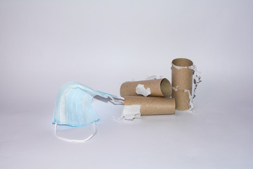 Blank toilet paper roll and protective mask on white background