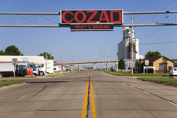 Sign that names Cozad, the 100th Meridian, along Old Lincoln Highway, Cozad, Nebraska, US 30
