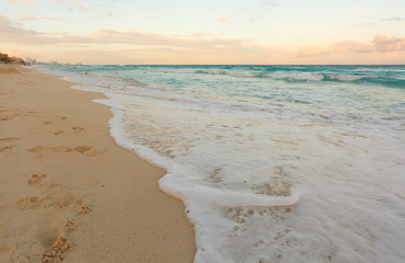 The Zona Hotelera, a long, beachfront strip of high-rise hotels, nightclubs, shops and restaurants at Cancun, Mexico