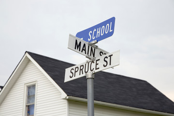 Obraz premium Intersection of Main, Spruce and School streets, Rising City, Nebraska