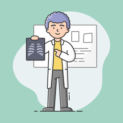 Concept Of Medical Staff. Attractive Radiologist Doctor In Uniform With Chest X Ray. Medical Staff, Therapist, Surgeon, Professional Hospital Worker. Cartoon Linear Outline Flat Vector Illustration