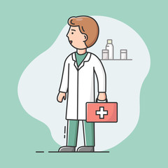 Concept Of Medical Staff. Attractive Doctor In Uniform With First Aid Kit. Medical Emergency Staff, Therapist, Surgeon, Professional Hospital Worker. Cartoon Linear Outline Flat Vector Illustration