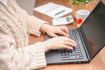 リビングでノートパソコンを操作する女性