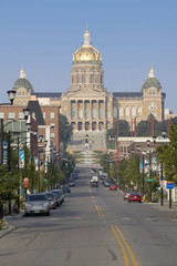 Street to golden dome of Iowa State Capital building, Des Moines, Iowa
