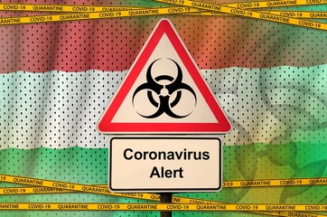 Hungary flag and Covid-19 biohazard symbol with quarantine orange tape. Coronavirus or 2019-nCov...