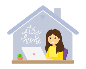 Home office concept. Woman working at home at the computer. Student or schoolboy, freelancer, blogger. Isolated vector illustration in a flat style. Stay at home during the epidemic of the covid-19.