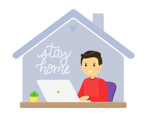 Home office concept. A man working at home at the computer. Student or schoolboy, freelancer, blogger. Isolated vector illustration in a flat style. Stay at home during the epidemic of the covid-19.