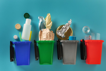 Separate garbage collection. trash cans. metal and paper, plastic and glass