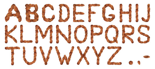 English alphabet lined with almonds on a white background, isolate