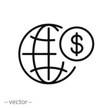 internet commerce icon, invest money at foreign bank, globe with coin, global economy, thin line web symbol on white background - editable stroke vector illustration eps10