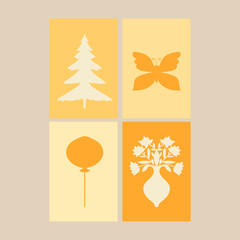 Fototapeta na wymiar Set of cute cartoon style posters. Spruce tree, butterfly, balloon and bouquet of flowers. Light soft vector illustrations for design.