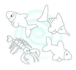 Vector illustration of cute fishes and a crab    