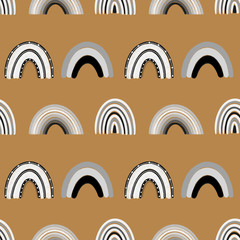 Seamless pattern of hand drawn rainbow in black and white colors on brown background