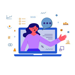 Vector Illustration Business long distance communication, businesswoman  using videoconference and virtual communication, online meeting with videochat Flat Style