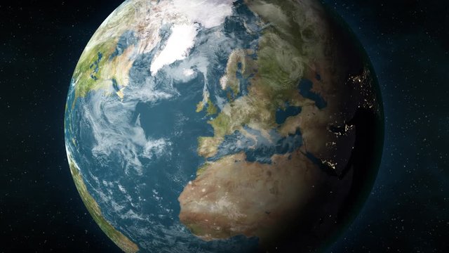 Planet Earth, seen from space, zooming in and centering on Paris, France. 3D computer generated animation.