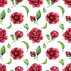 Beautiful burgundy Camellia flowers seamless pattern with green leaves and buds. Watercolor Repeating background