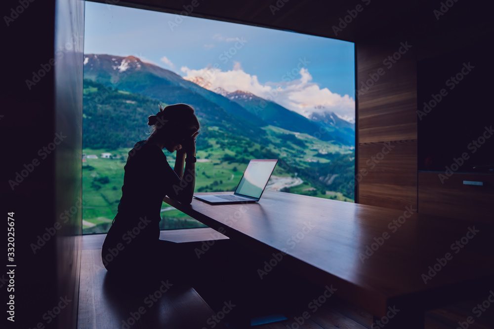 Aufkleber bored female freelancer tired from overtime distance job with startup project, silhouette of program