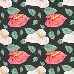 Fototapeta na wymiar Watercolor beautiful white and red Calla Lily flowers seamless pattern. Hand drawn tropical floral wallpaper.