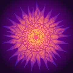 Vector yellow-violet sun mandala pattern with rays and flower in the center.