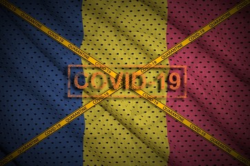 Chad flag and Covid-19 stamp with orange quarantine border tape cross. Coronavirus or 2019-nCov...