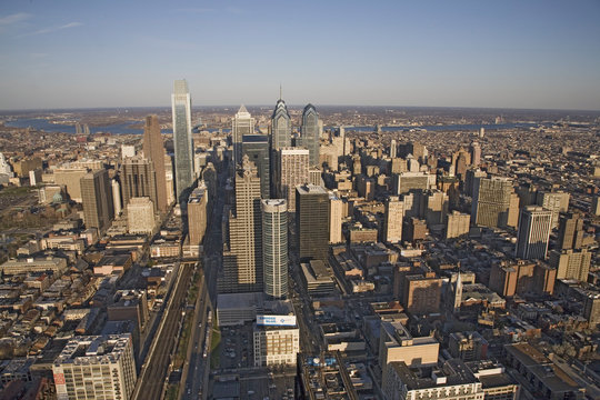 Aerial Sunset Views Of Philiadelphia, Pennsylvania, The City Of Brotherly Love