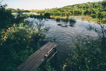 An amazing wide-angle summer scenery with a fast narrow river and a small wooden gangway or a...