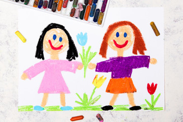 Obraz na płótnie Canvas Photo of colorful drawing: two smiling girls. Sisters or friends