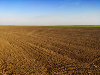 Plowed field in spring time with blue sky