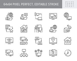 Work from home line icons. Vector illustration included icon as freelance worker with laptop, workspace, pc monitor, business outline pictogram for online job. 64x64 Pixel Perfect, Editable Stroke