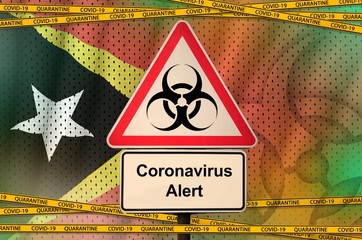 Timor Leste flag and Covid-19 biohazard symbol with quarantine orange tape. Coronavirus or...