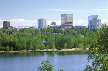 Fototapeta na wymiar Skyline of Anchorage with Lake Spenard in the foreground and Mt. Hood in the back