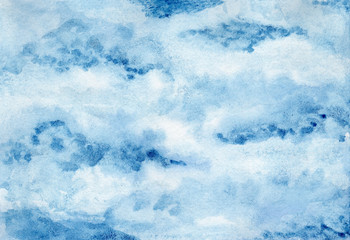 Bright blue, white and turquoise cloudscape wet watercolor background, wash technique. Clear sky with clouds watercolour texture concept illustration