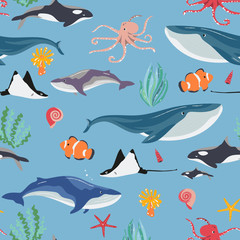 underwater world fish and whales, starfish, algae